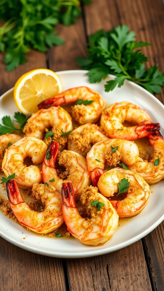 Baked shrimp oreganata topped with breadcrumbs and parsley, served with lemon wedges.